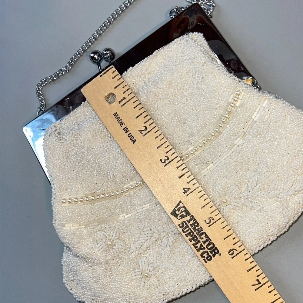 Vintage Bridal Chic Cream Beaded Clutch with Silver Accents Seed Pearls